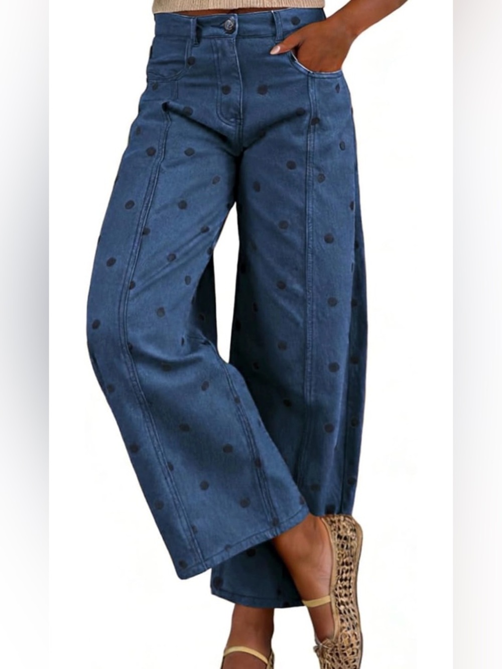Polka Dot Barrel Jeans Boyfriend Wide Leg Mid Rise Denim Pants